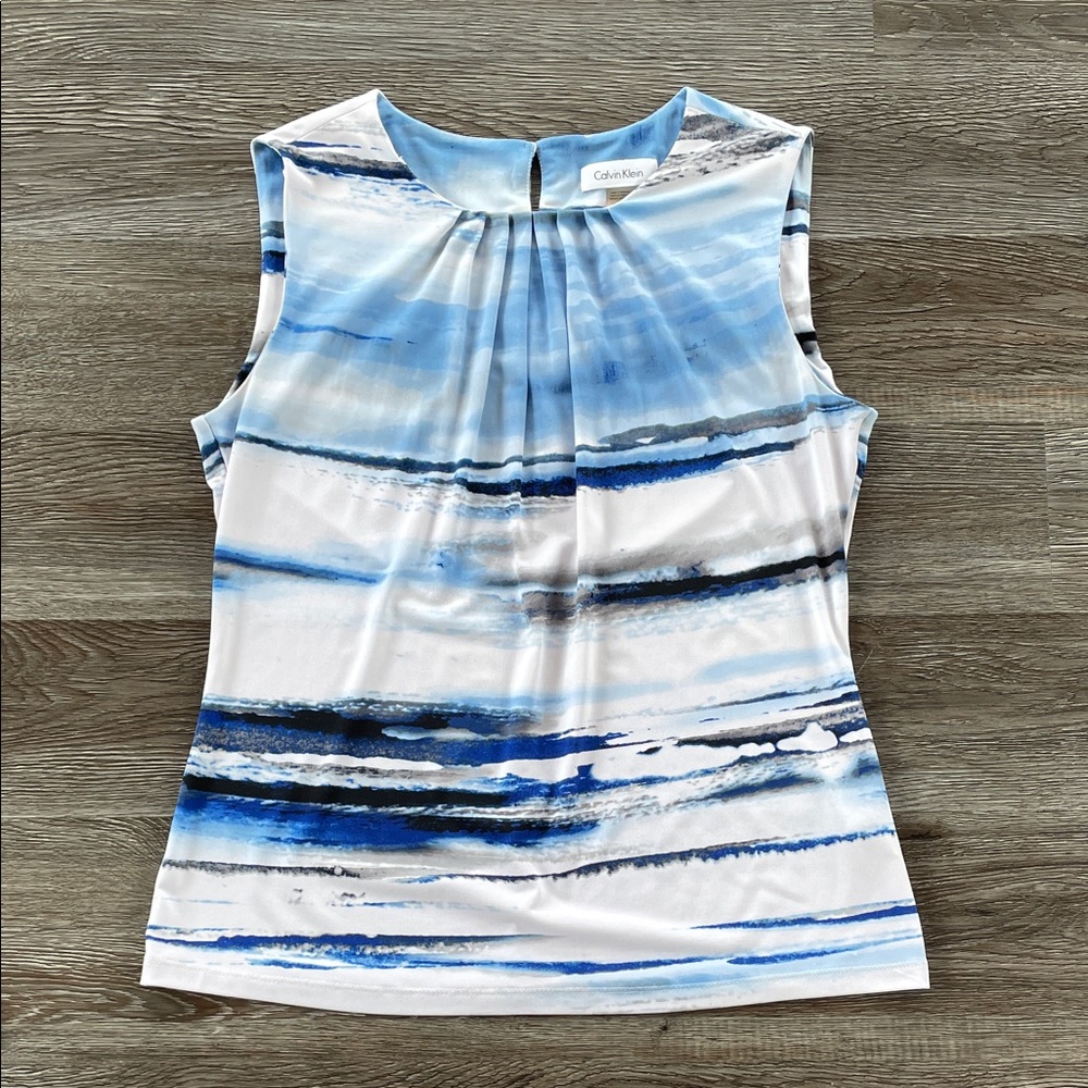 Calvin Klein Sleeveless Blouse Women's Medium Blue and White Patterned